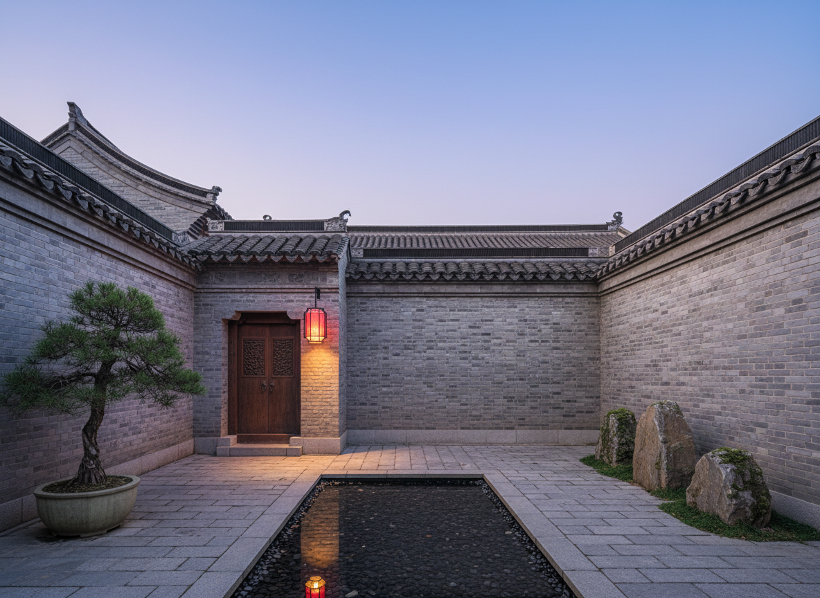 A serene, stone-paved courtyard of a traditional Chinese residence at dusk, framed by immaculate gray brick walls and elegantly curved dark-tiled roofs. A single red lantern hangs near a carved wooden doorway, its soft warm glow pooling on the ground and creating subtle reflections on a still, rectangular water feature. Bonsai-style pines and minimalist rock arrangements add sculptural forms, all in a muted palette of slate, umber, and soft vermilion accents. The sky is a gentle gradient from pale blue to smoky lavender. Captured at eye level with balanced symmetry and moderate depth of field, the image exudes quiet sophistication and an intimate, off-the-beaten-path atmosphere, ideal for showcasing authentic, hidden locations in China.